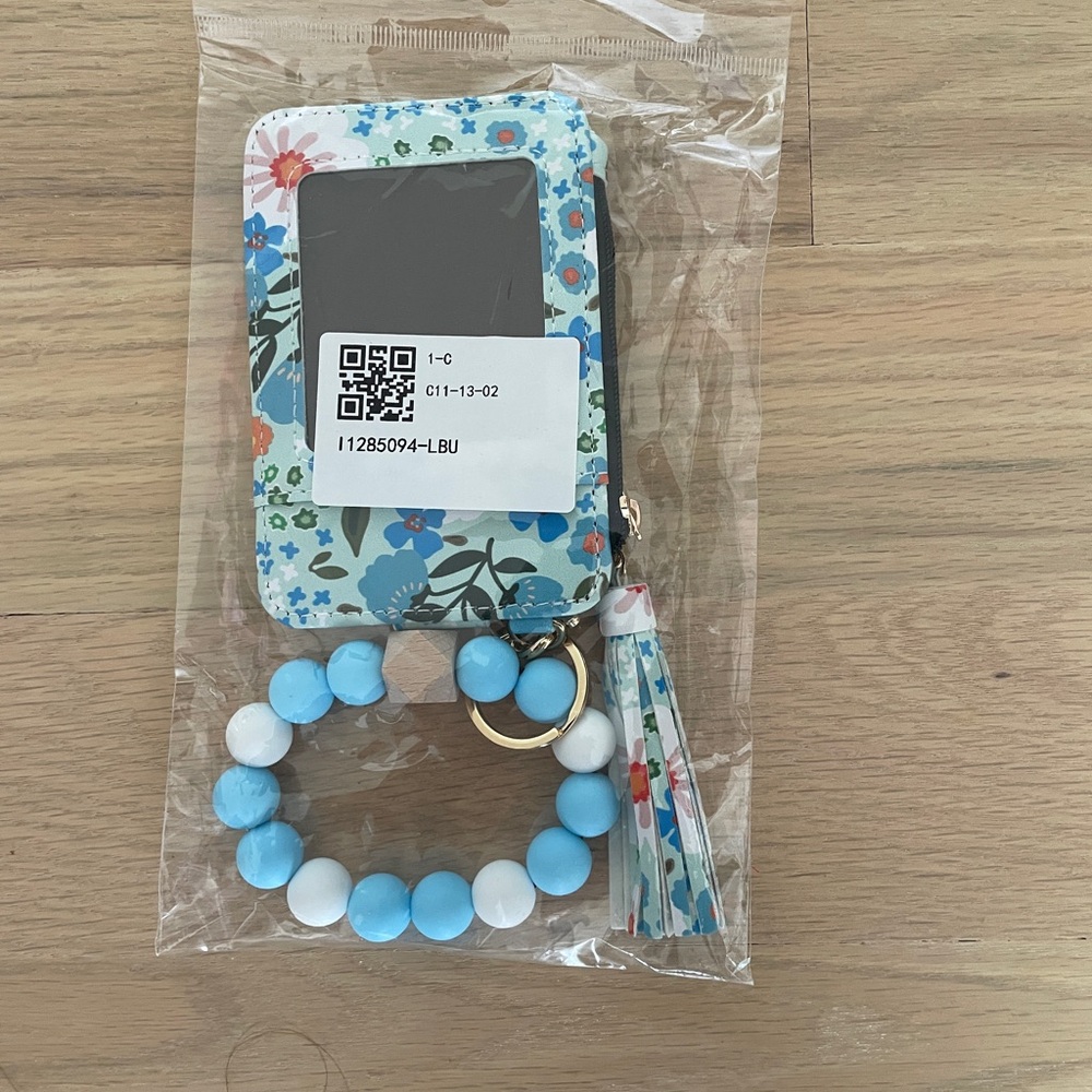 Floral Designed Wallet with Blue Beaded Keychain